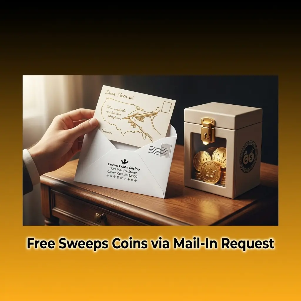 Free Sweeps Coins mail-in request process for Crown Coins Casino, legal US sweepstakes alternative no purchase necessary