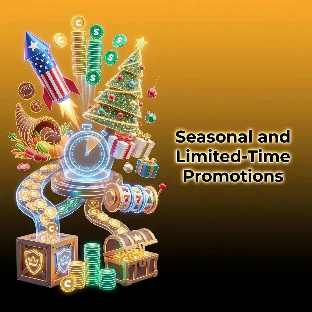 Crown Coins Casino seasonal holiday promotions featuring limited-time coin bonuses for US holidays like Christmas and July 4th