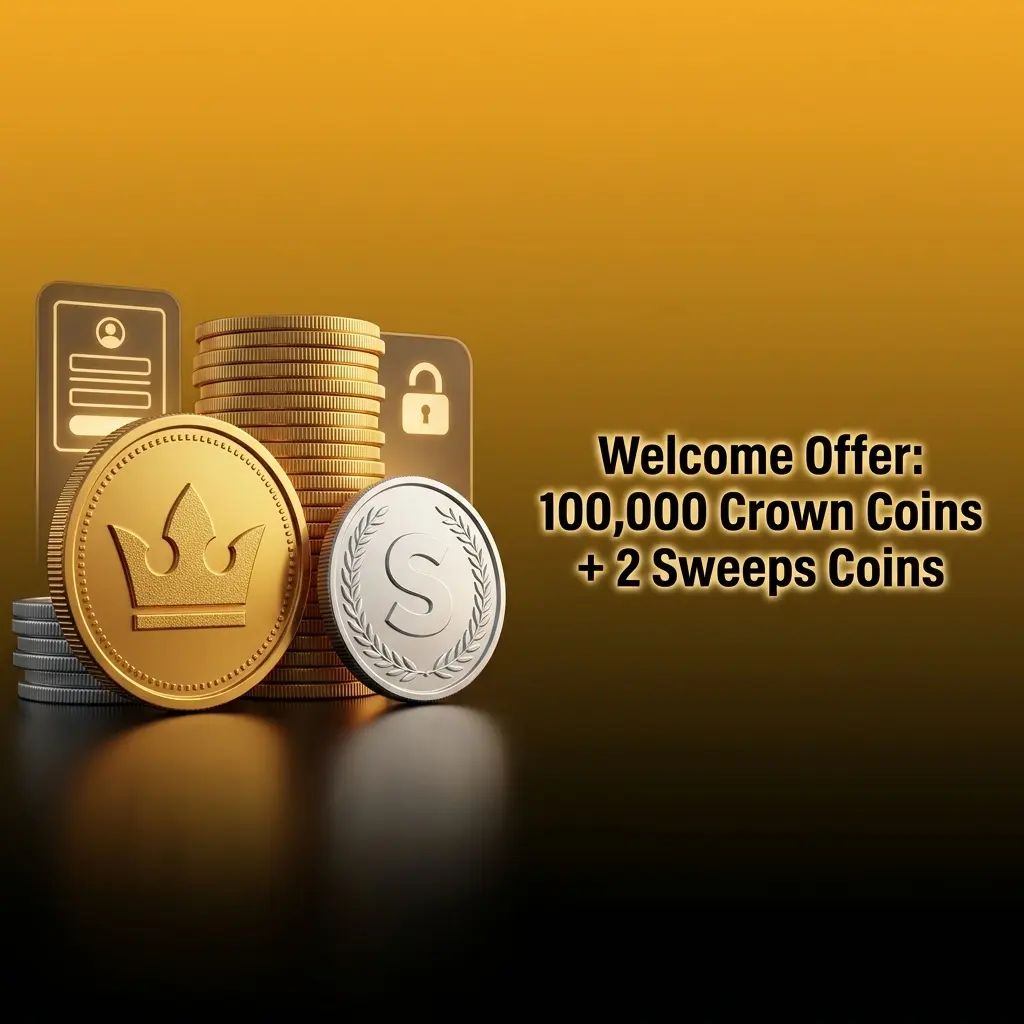 Crown Coins Casino welcome offer showing 100,000 Crown Coins and 2 Sweeps Coins for new players with no deposit required