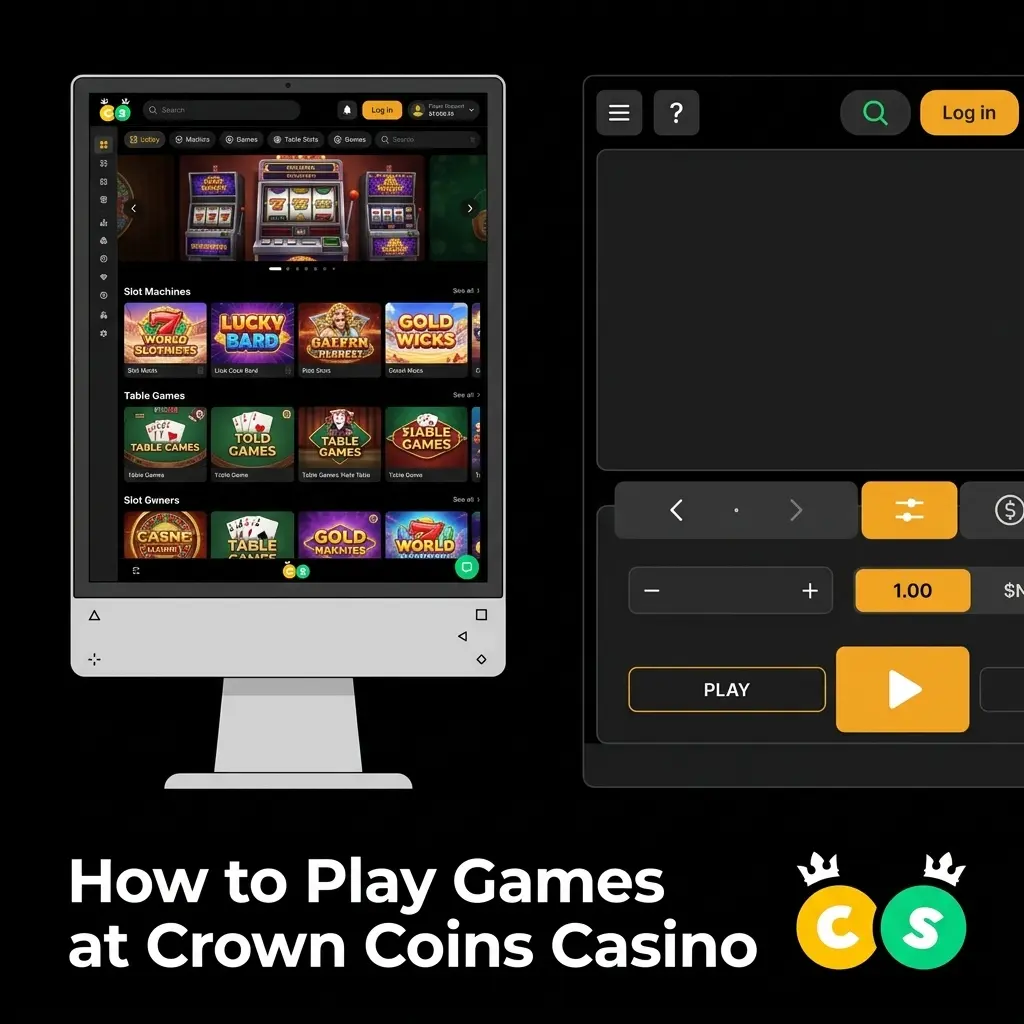Crown Coins Casino game lobby interface showing slots, table games, and coin selection options for players