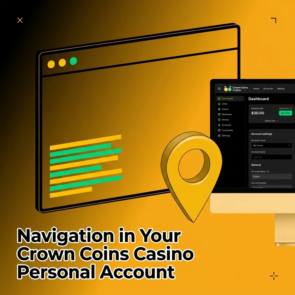 Crown Coins Casino account dashboard navigation panel showing profile, balance, promotions, and responsible gambling options