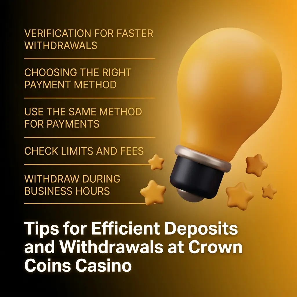 Crown Coins Casino deposit and withdrawal tips showing payment methods, KYC verification, and transaction best practices